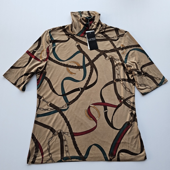 Lauren Ralph Lauren Women's Equestrian Print Turtleneck Elbow Sleeve Top - NWT - Picture 1 of 5